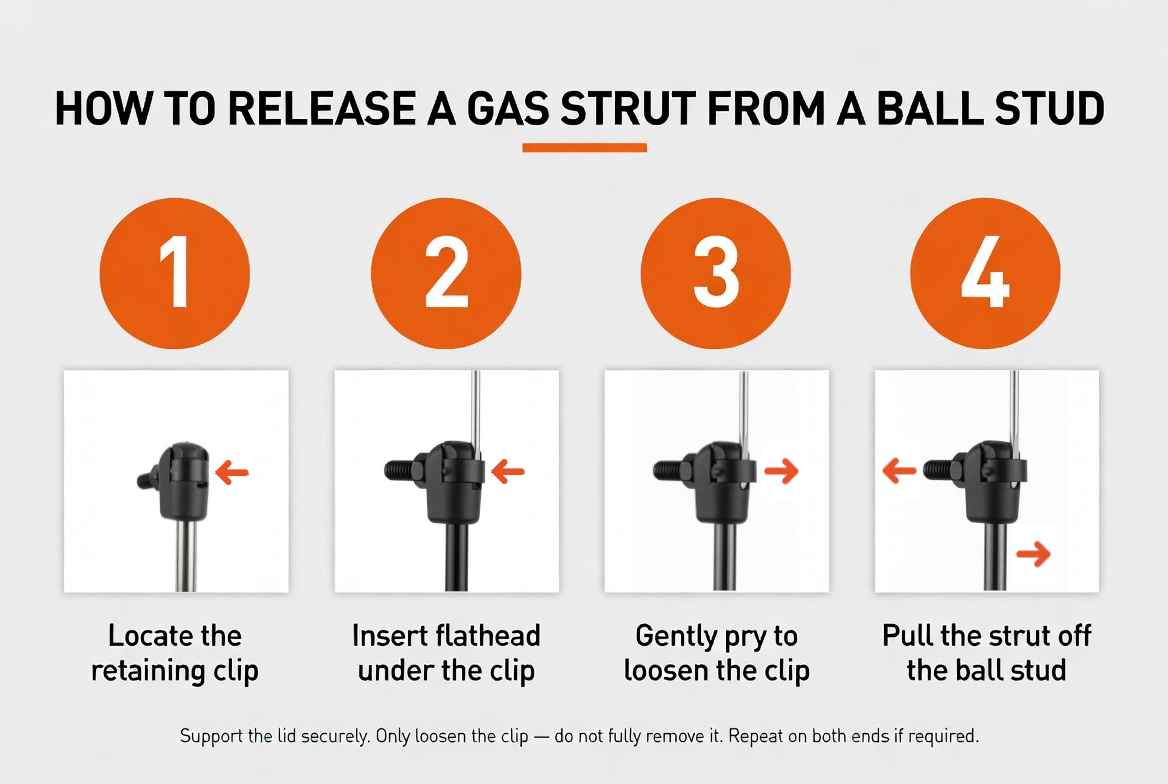 How to release a gas strut from a ball stud, in four moves